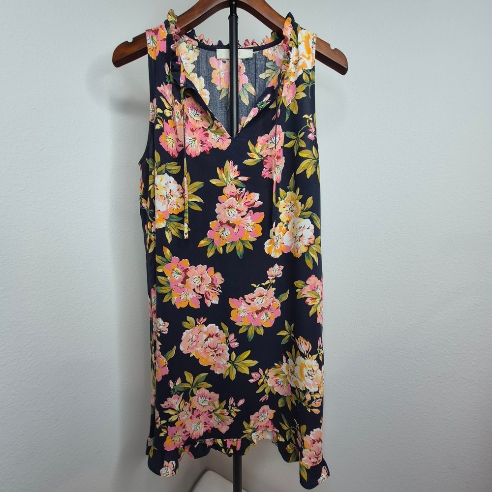 LOFT Navy Blue Floral Ruffle Neck Sleeveless Rayon Shift Dress Twee Retro M